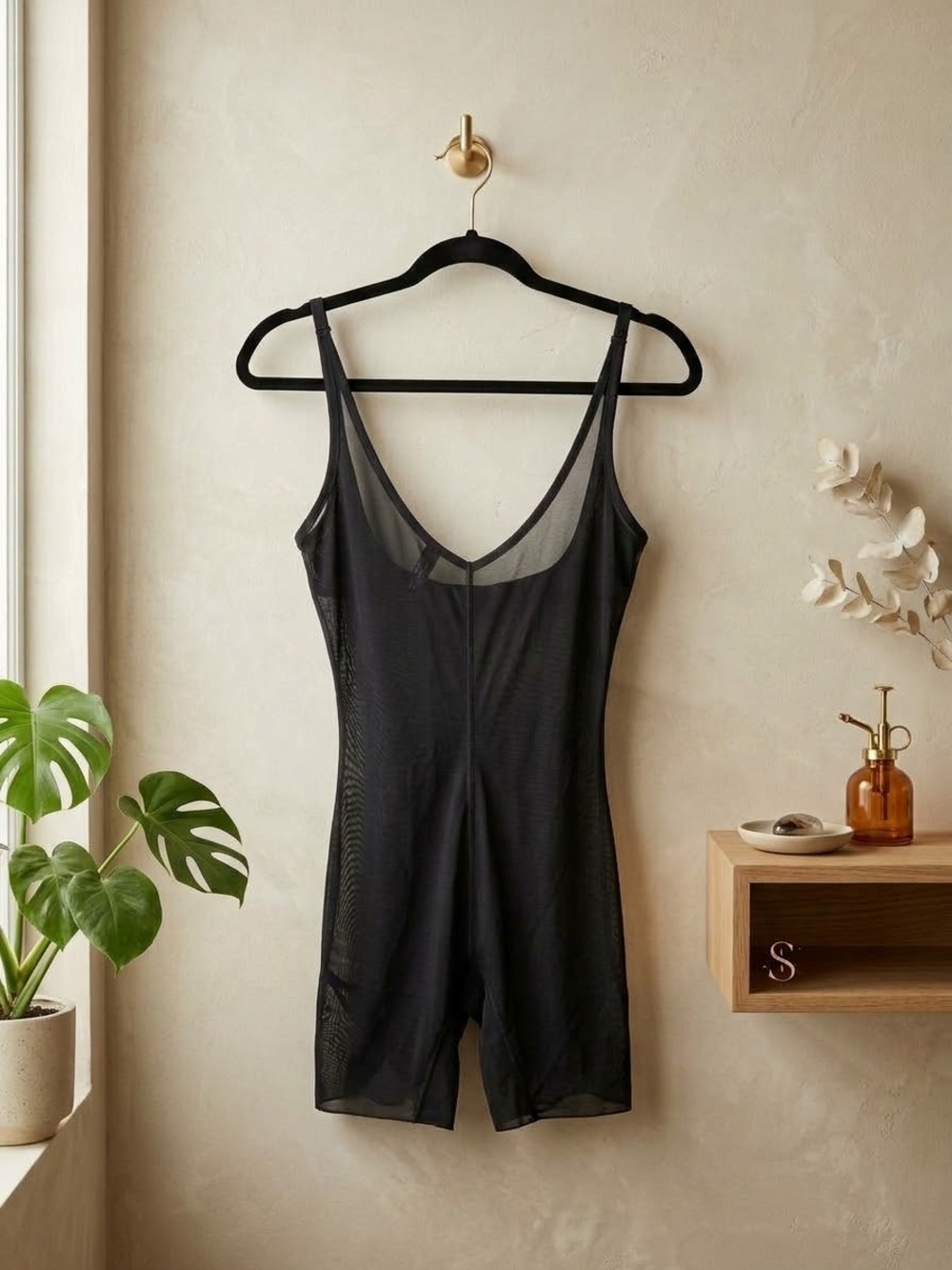 SKIMS Core Sculpt Open Bust Mid Thigh Bodysuit Shapewear Sheer Black Onyx S